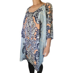 GIBSON LATIMER Boho Cold Shoulder Mumu Dress L Blue Festival Hanky Hem Tunic